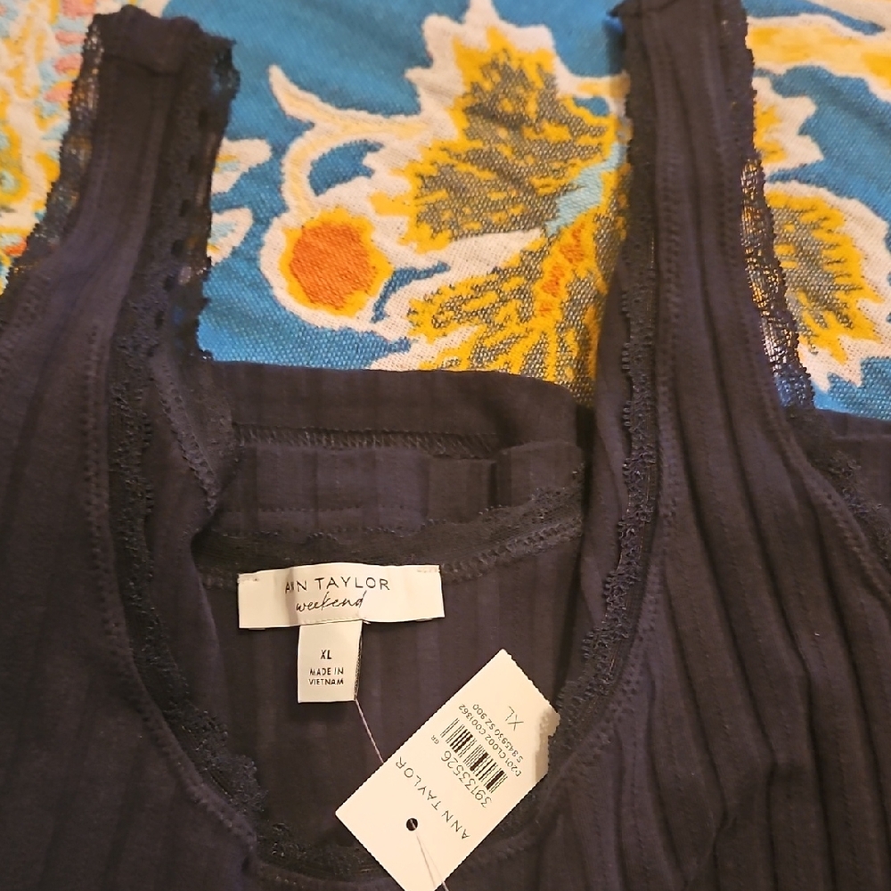Ann Taylor Navy Lace-Trim Scoop Tank